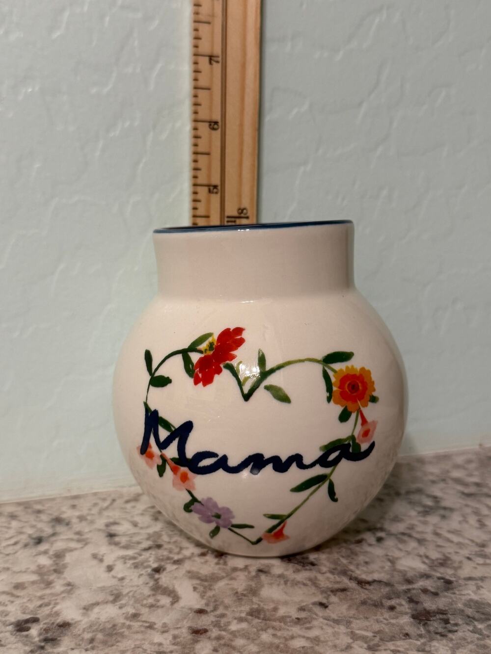 Anthropologie Mama Heart Floral Stoneware Bud Vase White Blue Rim